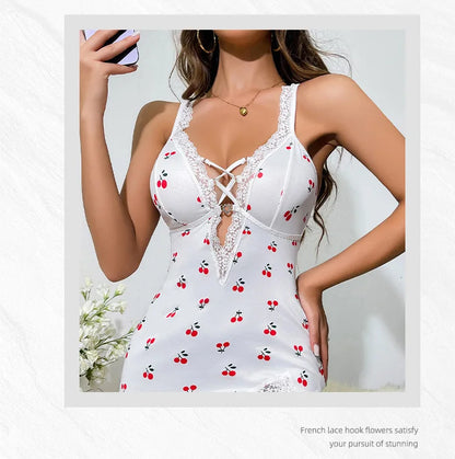 Sexy Cherry Print Nightgown Women's Lace Trim Lingerie Criss Cross Cami Mini Dress Cute Bodycon Chemise Trendy Nightwear New