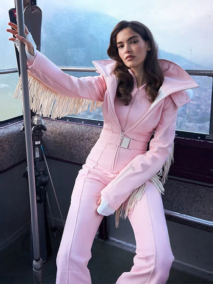 Casual Solid Tassels Women's Ski Suit Zippers Fur Hooded Slim High Waist Lady Jumpsuits 2025 Winter Fashion Female Warm Skiwear