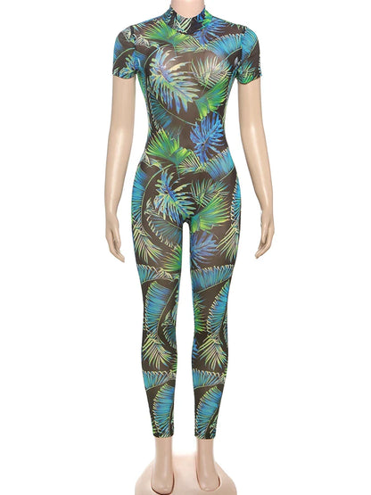 kliou Aesthetic Printed Women Jumpsuits Fashion Sexy Panelled Short Sleeve Backless Stand Collar Slim Overalls Mujer Clubwear