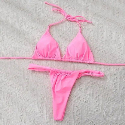Women Bikini Set Low-cut Pleated Push Up Backless sexy hot girls Bikini Set Lace Up High Waist Halter Neck Bathing Suit Swimwear