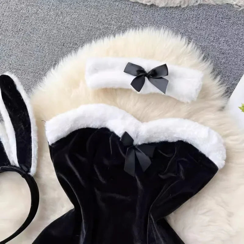 Sweet Red Bunny Lingerie Underwear Set Women Sexy Soft Plush Cute Bowknot Sweet Nightgowns Christmas Rabbit Cosplay Costumes New