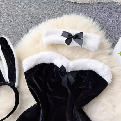 Sweet Red Bunny Lingerie Underwear Set Women Sexy Soft Plush Cute Bowknot Sweet Nightgowns Christmas Rabbit Cosplay Costumes New