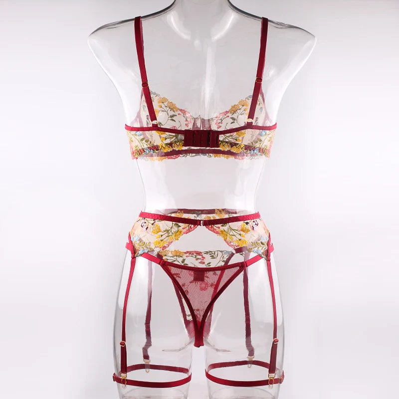 Sexy Women's Lace Lingerie 3Pcs Sets Fancy Flowers Embroidery Transparent Bras And Thongs Underwear Set Erotic Intimate Suits ﻿