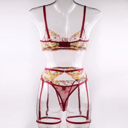 Sexy Women's Lace Lingerie 3Pcs Sets Fancy Flowers Embroidery Transparent Bras And Thongs Underwear Set Erotic Intimate Suits ﻿