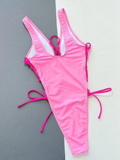 VigoBeviya 2025 Pink Lace Up Strapped Swimwear Women Sexy Hollow Push UP One Piece Swimsuit Blackless Beach Bathing Suit