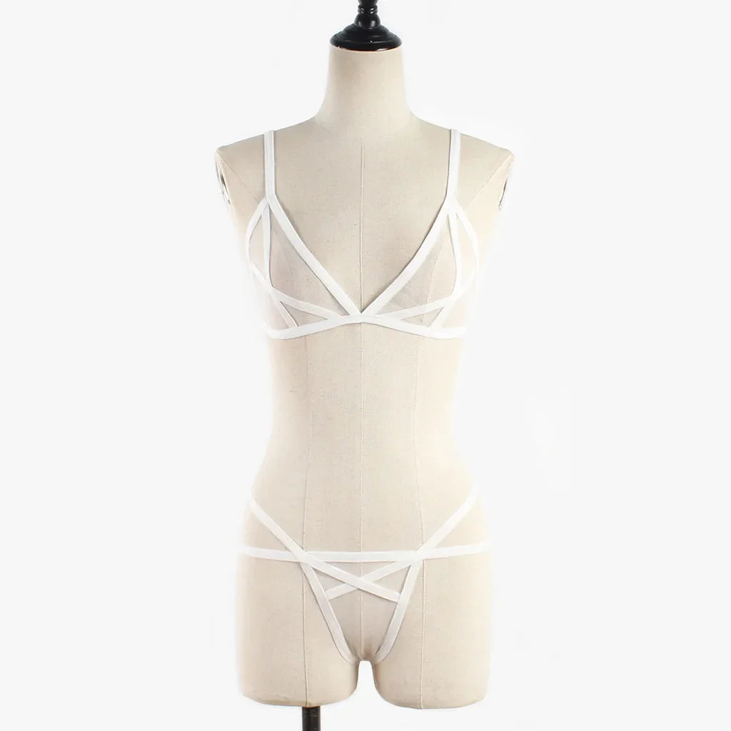 Women Sexy Lingerie Corset Solid Erotic Mesh Transparent Bra Panty Lingerie Underwear Set Lenceria Erotica Mujer Sexi Babydoll
