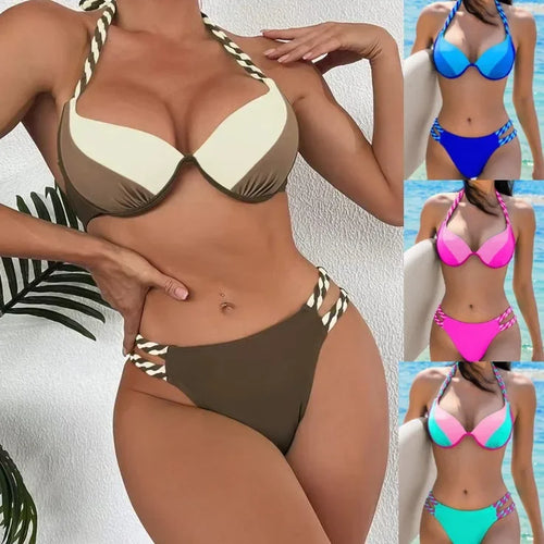 2026 New Bikini Swimsuit Women's Split Solid Color Sexy Belt Steel Tray Bikini Swimsuit