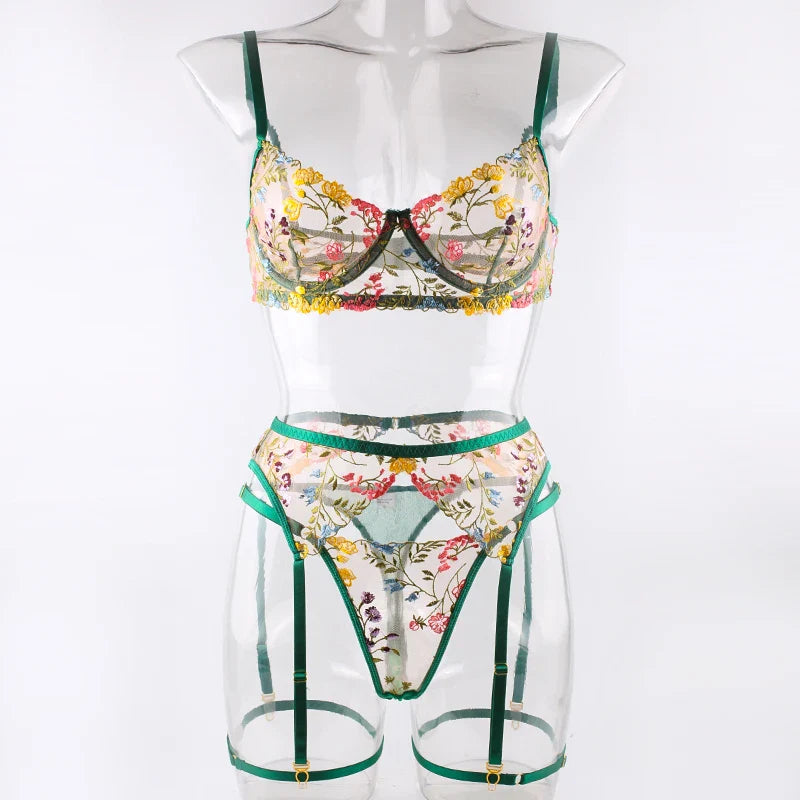 Sexy Women's Lace Lingerie 3Pcs Sets Fancy Flowers Embroidery Transparent Bras And Thongs Underwear Set Erotic Intimate Suits ﻿
