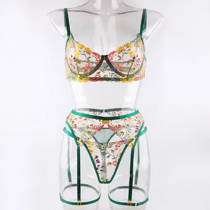 Sexy Women's Lace Lingerie 3Pcs Sets Fancy Flowers Embroidery Transparent Bras And Thongs Underwear Set Erotic Intimate Suits ﻿