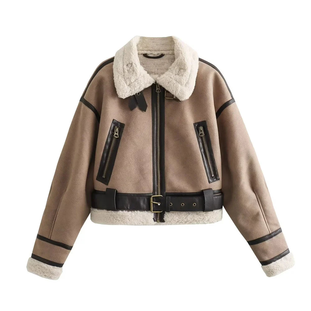 2024 Autumn/Winter New Product Casual Women's Wear Flip Collar Fur Integrated Loose and Versatile Short Jacket Coat