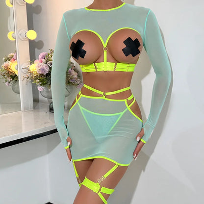 Diccvicc Long Sleeve Lingerie Sexy Sheer Mesh Porn Top Crotchless Skirt Naked Bandage Women Underwear Uncensored Erotic Costume