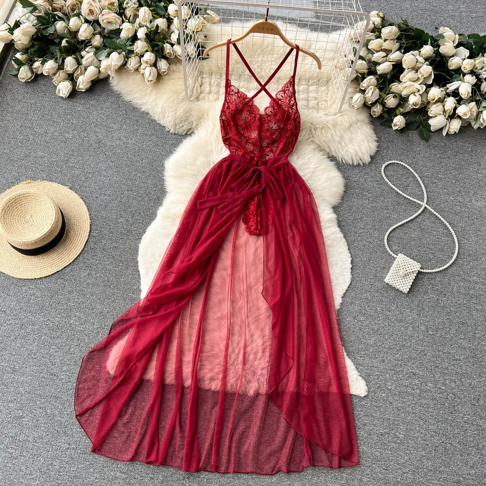 SINGREINY Lace Sensual Erotic Two Pieces Suits Camis Short Bodysuits Tops+Midi Long Mesh Chiffon Skirts Women Underwear Sets