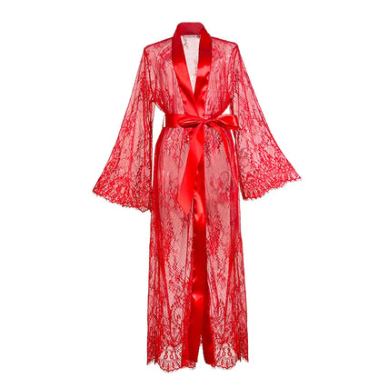 Women's Sexy Sheer Lace Robe Lingerie Long See Through Kimono Lingerie Dress Lace Gown Sleepwear