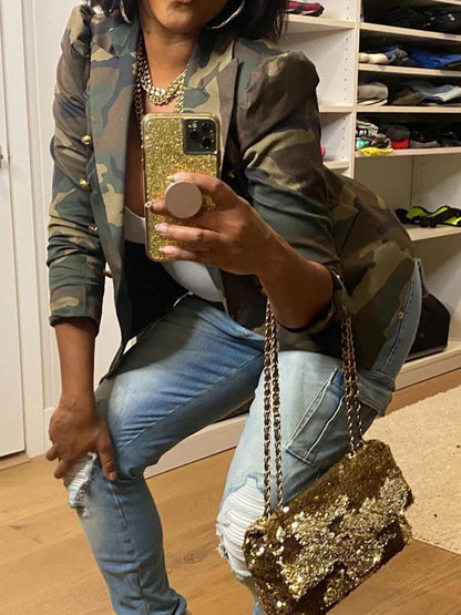 Camouflage Printed Double Breasted Jacket, Casual Long Sleeved Lapel Open Top, Suitable for Spring and Autumn, Women's Clothing