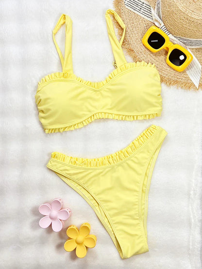 Vigoashely 2025 Sexy Ruffle Bikini Set Strapped Push UP Swimsuit High Cut Verge Swimwear Women Backless Yellow Bathing Suit