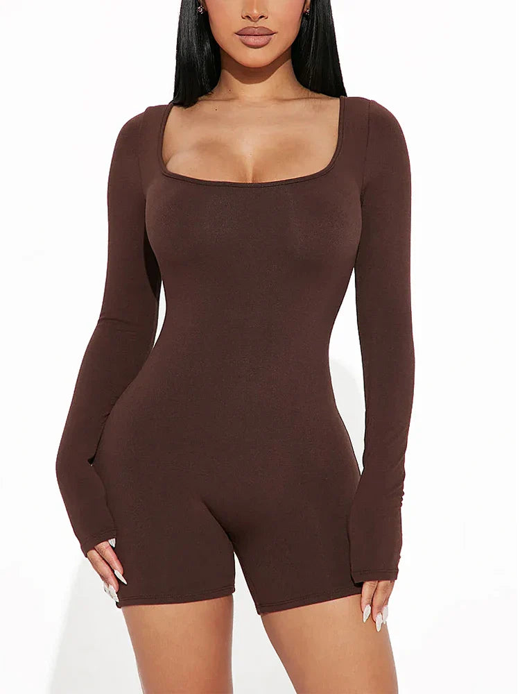 2025 Spring and Summer New Fashion Women's Long Sleeve Jumpsuit Shorts  Long Sleeve Sexy Slim Jumpsuit U Neck Jumpsuit