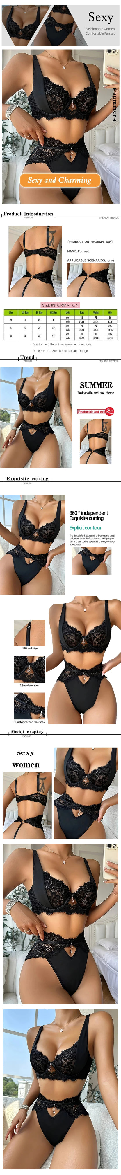 Women's Sexy Lace Lingerie Set with Black Lace Patchwork and Pendant Decoration for Women Sexy Bra Set