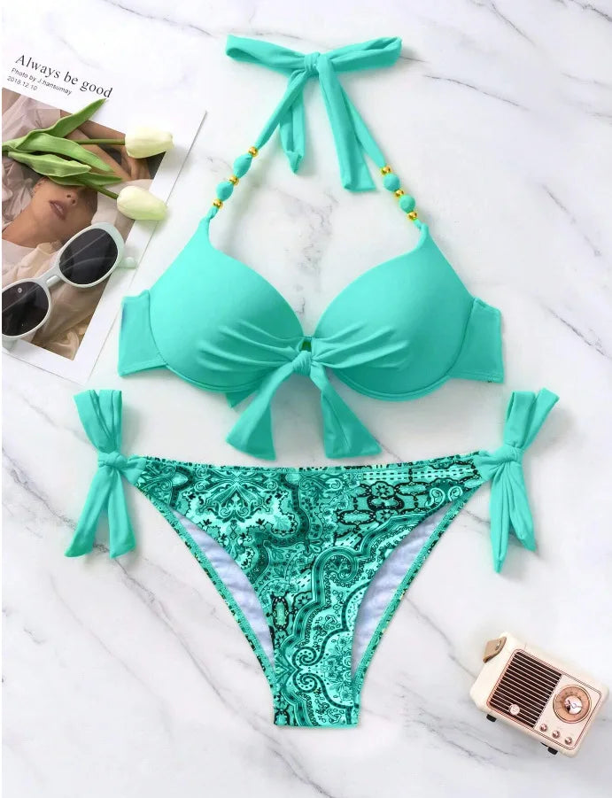 2024 New Print 2-piece Swimsuit for Women,hard Cup Suspender Push Up Bikini Set,summer Beach Vacation Backless Bathing Suit