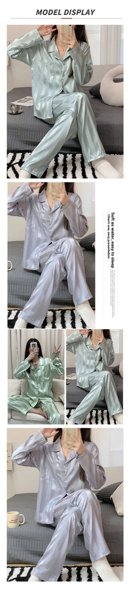 Women Pajamas Striped Pijama Sets Silk Satin Female Home Clothes Sleepwear Longsleeve Shirt Pants Homewear Shirt Pants Loungewea