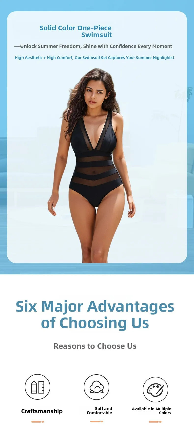 Sexy V-Neck One-Piece Swimsuit Quick-Dry with Chest Pad No Steel Support Triangle Monokini Swimwear for Women Adult Pure Color