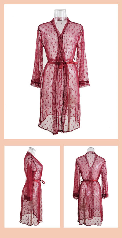 Women's Sexy Sheer Lace Robe+Lace Bra+Panty Lingerie Set See Through Kimono Lingerie Dress Lace Gown Sleepwear