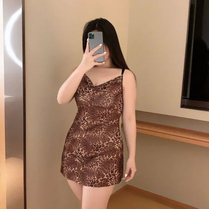 Large Size Women Sexy Lingerie Leopard Butterfly Back Nightgown Exotic Teddy Babydoll Bodycon Mini Dress Chemise Sleepwear