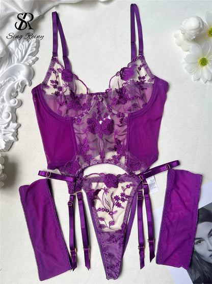 SINGREINY Female Prono Lingerie Set Sexy Transparent Lace Embroidery Bra&Brief Sets Ladies Hollow Out Erotic Underwear Suits
