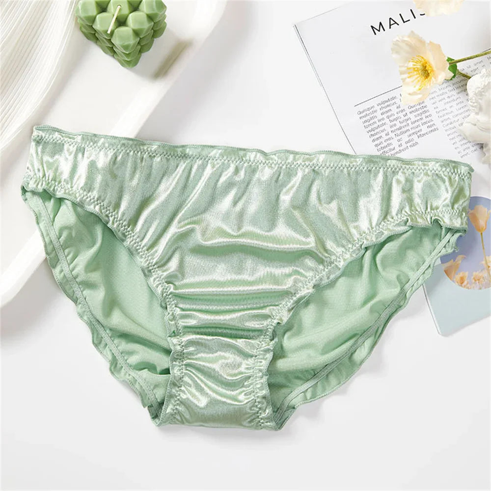 Ladies Frill Trim Satin Ice Silk Seamless No Show Underwear Invisible Briefs Plus Size Women's Panties S/M/L/XL