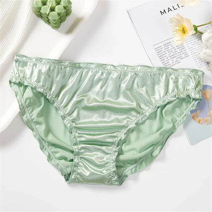 Ladies Frill Trim Satin Ice Silk Seamless No Show Underwear Invisible Briefs Plus Size Women's Panties S/M/L/XL