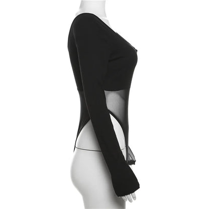 Black See Through Bodysuit Lingerie Sexy Long Sleeve Lenceria Femenina V-Neck One-Pieces Body Feminino Backless Tops For Women