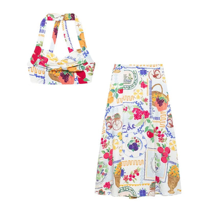 HH Women 2 Piece Set Sexy Sleeveless Backless Print Buttons Mini Sling Top+Elegant High Waist Buttons Beach Midi Skirt