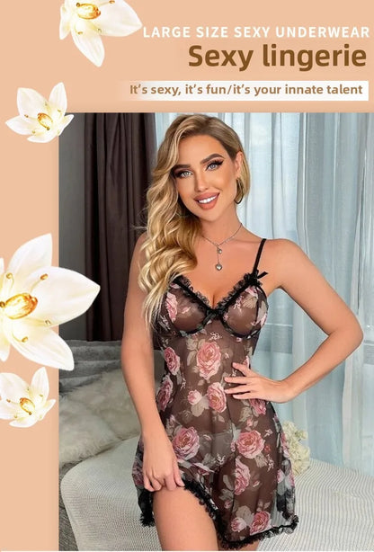 Women Floral Lace Chiffon Chemise Adjustable Straps Sleepwear Set Romantic Gift Sheer Nightwear Valentines Babydoll Black Trim U