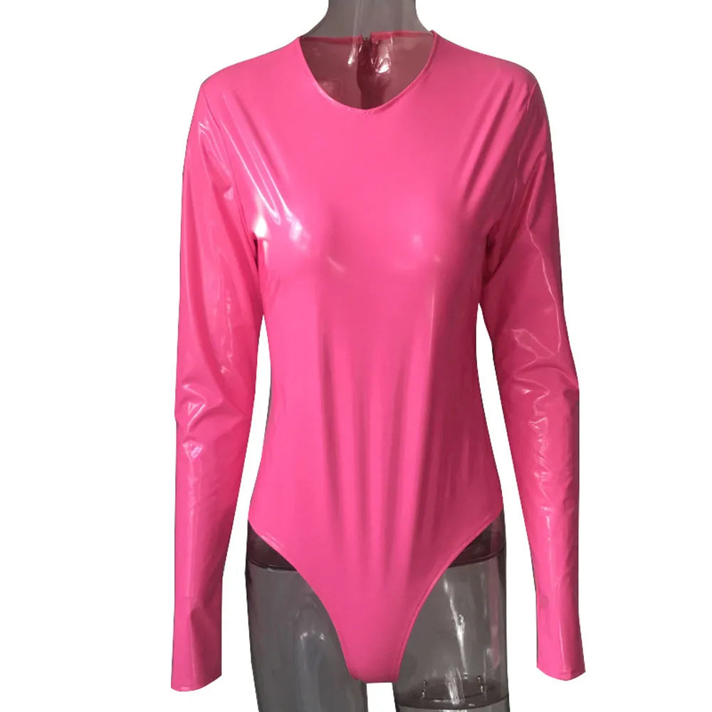 Wet Look PVC Catsuit Shiny PU Leather Long Sleeve Bodysuit Swimsuit Tights Body Teddies Sexy Clubwear Leotard Unitard Shirt Tops