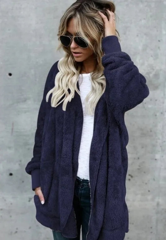 Autumn Winter Double Fleece Cardigan Jacket Women Solid Color Long Sleeve Plush Warm Hooded Lady Jacket Oversized Outerwear Coat