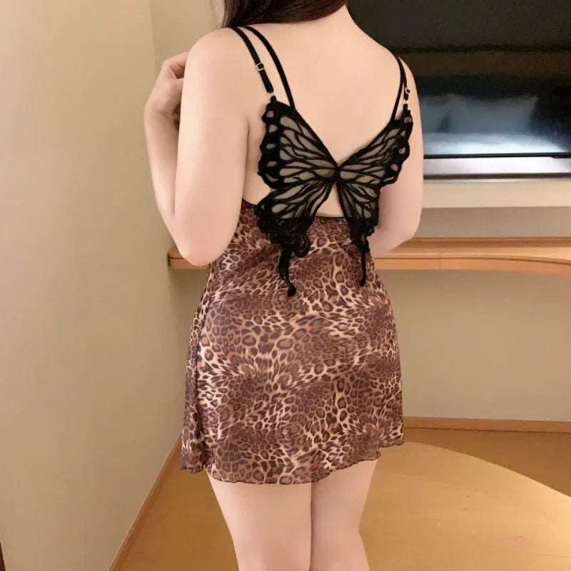 Large Size Women Sexy Lingerie Leopard Butterfly Back Nightgown Exotic Teddy Babydoll Bodycon Mini Dress Chemise Sleepwear