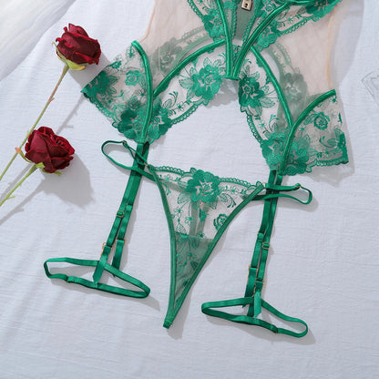 Women's Sexy See-through Seduction Lingerie Chic And Elegant Mesh Thin Section Embroidered Lace Garter Belt three-piece Set