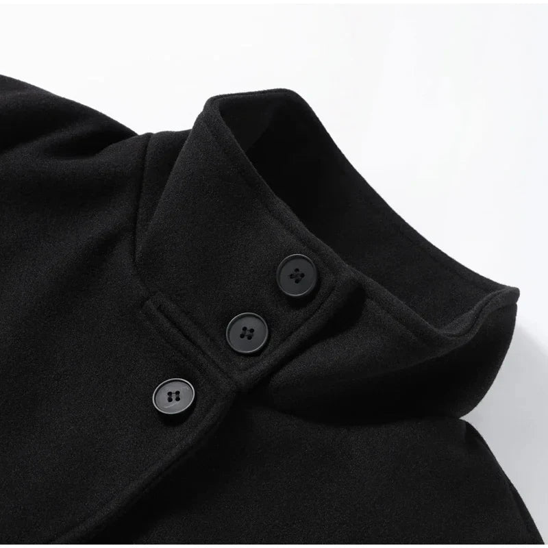 Urban Black Woolen Blend Coats Women Stand Collar Single-breasted Long Sleeve Thick Warm Jacket 2025 Autumn Winter Lady Outwear
