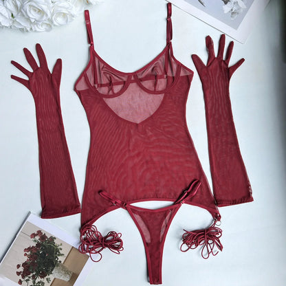 Yimunancy Sheer Mesh Lingerie Set Women 4-Piece Backless Sexy Dress Sexy Erotic Solid Brief Underwer Set Nightwear