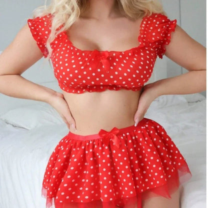 Polka Dot Shoulder Revealing Puffy Skirt 3-piece Sets Sexy Lace Top Skirt Thongs Underwear Suits Romantic Intimate Exotic Sets