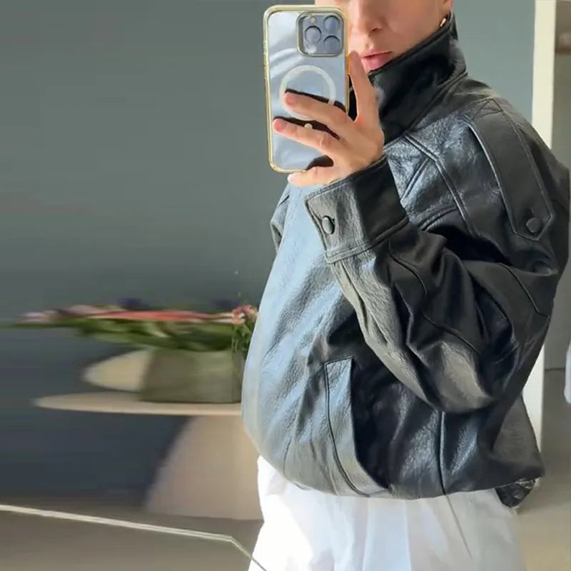 Stand Collar Women's Jacket Full Sleeve Double Button Solid Female Leather Jackets 2025 Autumn Fashion High Street Lady Outwears