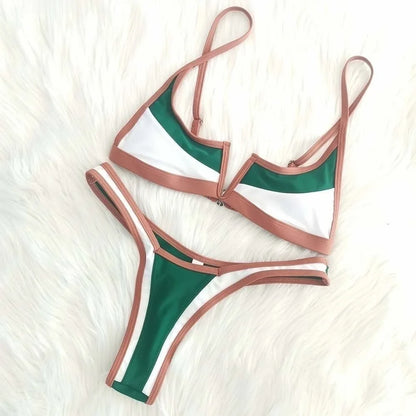 Contrast Vne Open Ba Thong Bikini Women's Patchwork ort Sve Overhead ort Pants Two-Piece Set Polyester Material