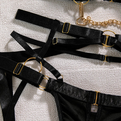 Fancy Metal Chain Sexy Lingerie 5Pcs Sets Luxury Hollow Out Bras And Panties Garters Underweat Suit Sensual Erotic Intimate Set