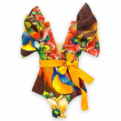 2025 New Sexy V-Neck One Piece Swimsuit Belt Swimwear Women Ruffle Monokini Push Up Swim Suit Colorful Bathing Suit Female Beach