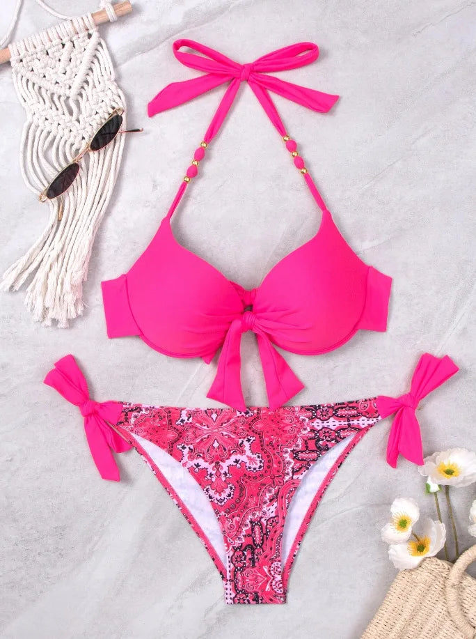 2024 New Print 2-piece Swimsuit for Women,hard Cup Suspender Push Up Bikini Set,summer Beach Vacation Backless Bathing Suit