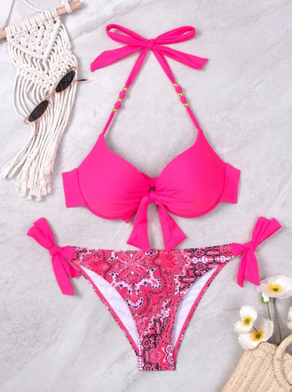 2024 New Print 2-piece Swimsuit for Women,hard Cup Suspender Push Up Bikini Set,summer Beach Vacation Backless Bathing Suit