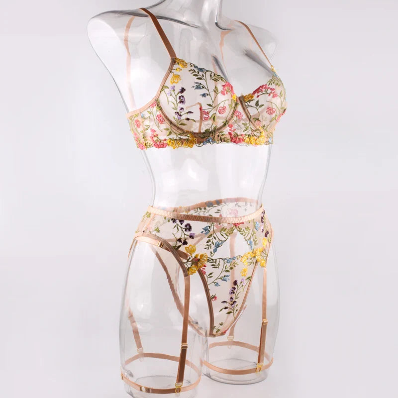 Sexy Women's Lace Lingerie 3Pcs Sets Fancy Flowers Embroidery Transparent Bras And Thongs Underwear Set Erotic Intimate Suits ﻿