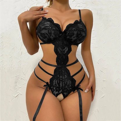 Hot Lace Bodysuit Babydoll Pajamas Set Garter Deep V Open Bra Crotchless Women's See-Through Corset Sex Lingerie Exotic Apparel