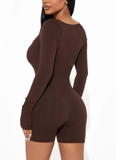 2025 Spring and Summer New Fashion Women's Long Sleeve Jumpsuit Shorts  Long Sleeve Sexy Slim Jumpsuit U Neck Jumpsuit