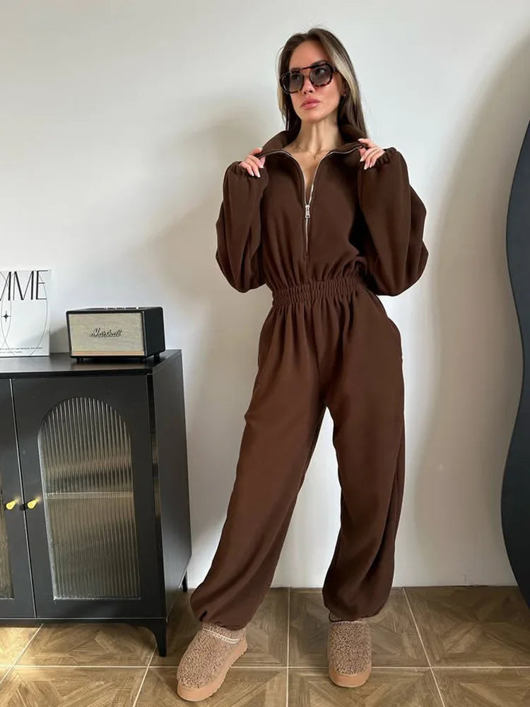 Zekye Woman Clothing New Fashion Long-sleeved Jumpsuit Women's Casual Semi-open Elastic Waist Jumpsuit Elegant Woman Jumpsuit