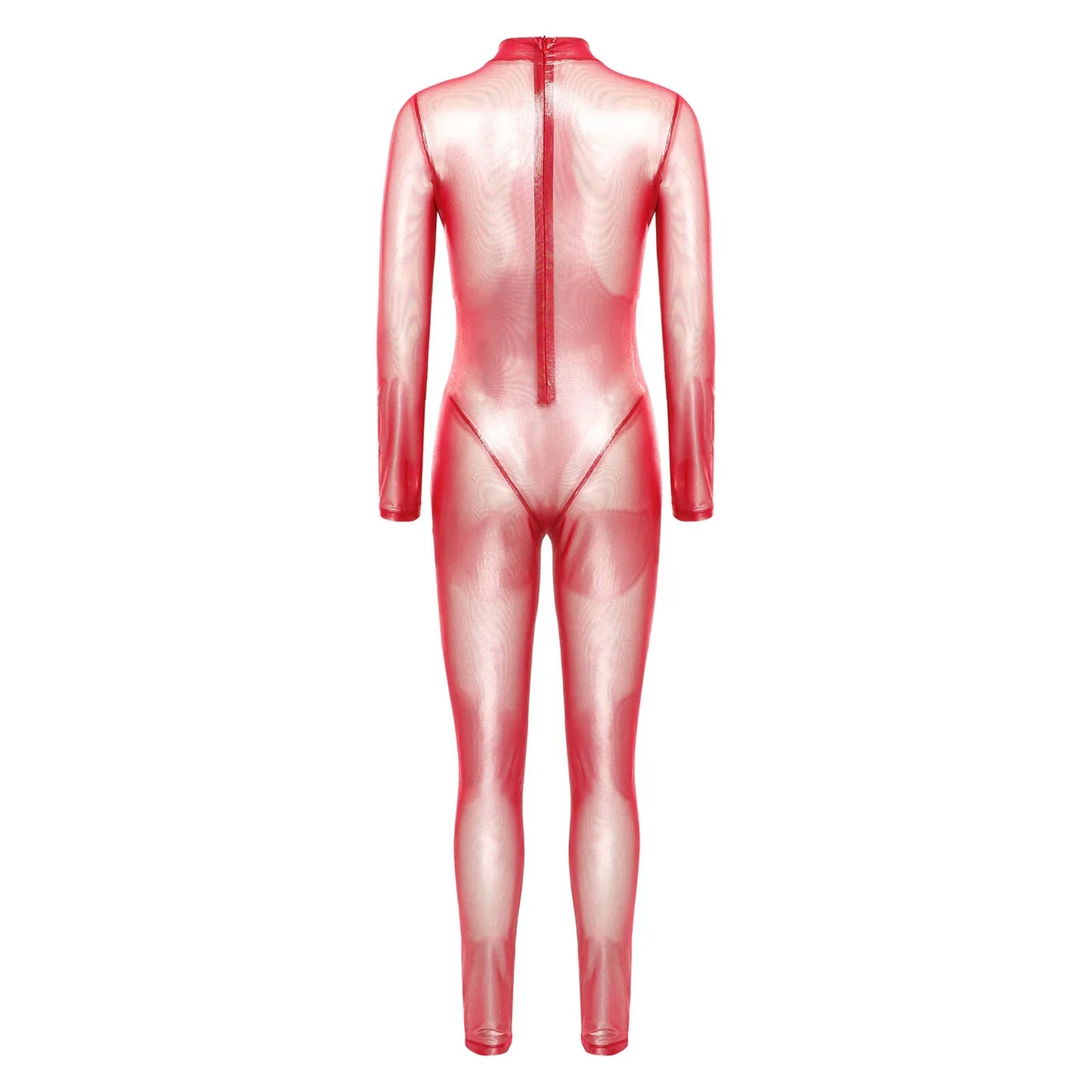 Women Metallic Shiny Full Body Unitards Sheer Rave Party Nightclub Jumpsuit Long Sleeve Long Pants Back Zipper Catsuit Clubwear